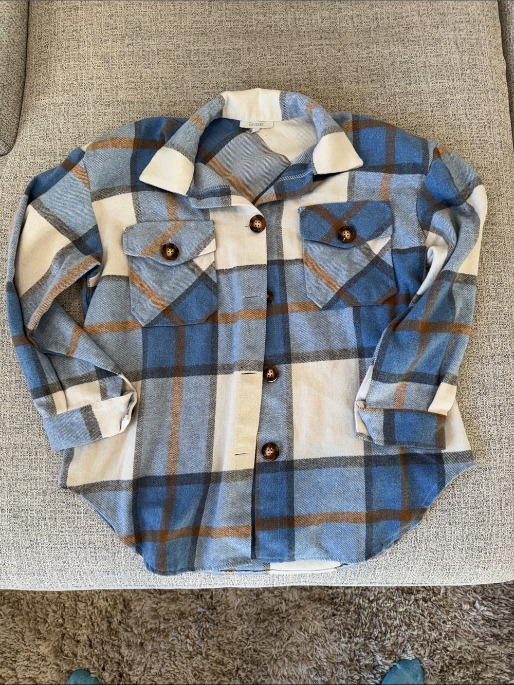 Plaid Button-Front Shirt Jacket in Blue and Cream